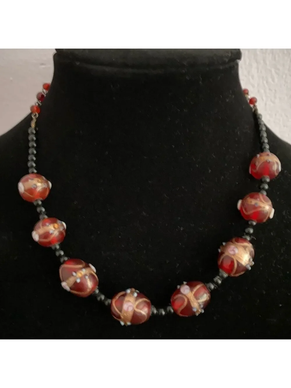 Vintage Hand Painted Murano Glass Beaded Necklace 17” Red & Gold Accent Jewelry